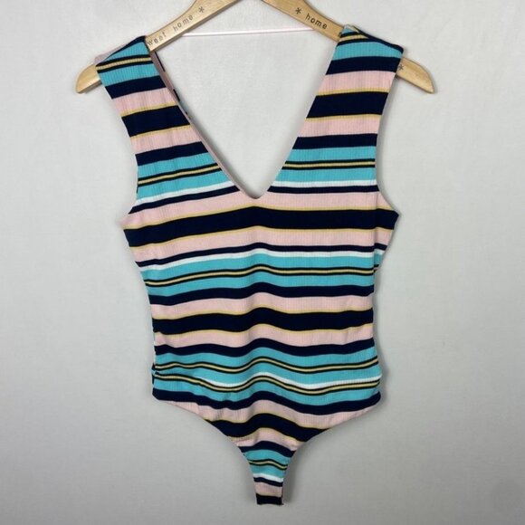 NEW Nordstrom AFRM Striped Bodysuit Double V Light Pastel Pink Blue Retro Medium - Picture 8 of 16